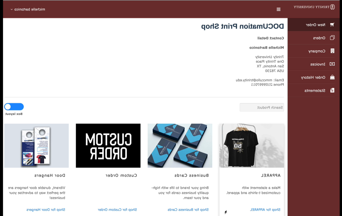 Screenshot of Tiger Print portal the DOCUmation print shop to show order options